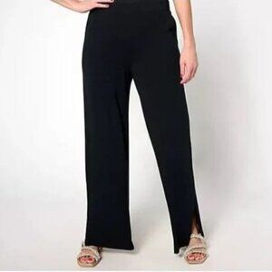 Denim & Co. Beach Jersey Petite Wide Leg Pant with Slits Błack, Petite X-Small